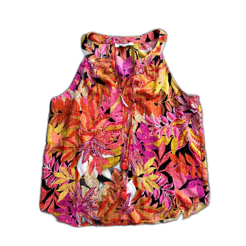 Rose + Olive‎ Tropical Floral Tassel Tank Top Size L Pink Orange Boho Resort